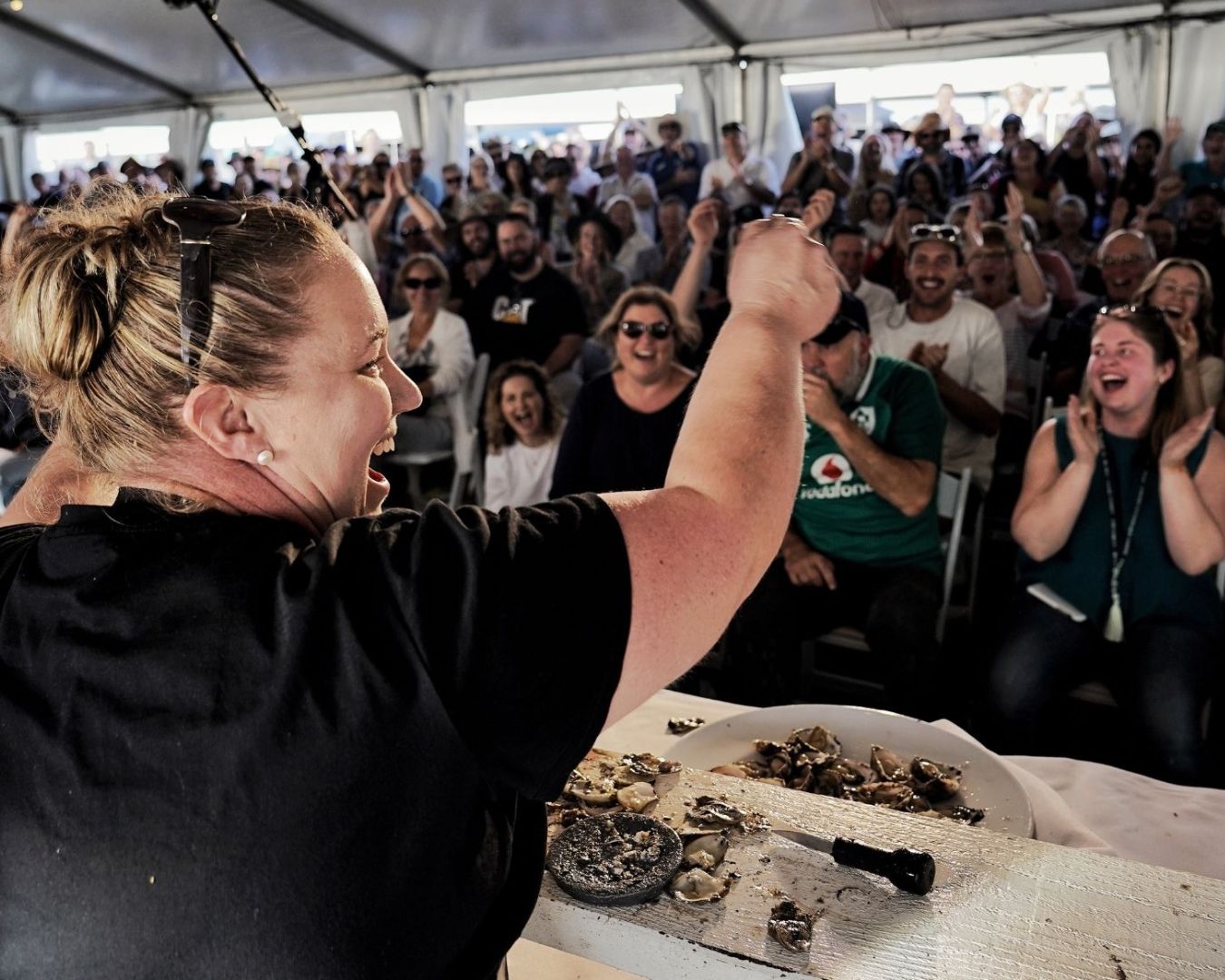 Champion Oyster Shucker Sally McLean celebrates her win in 2021