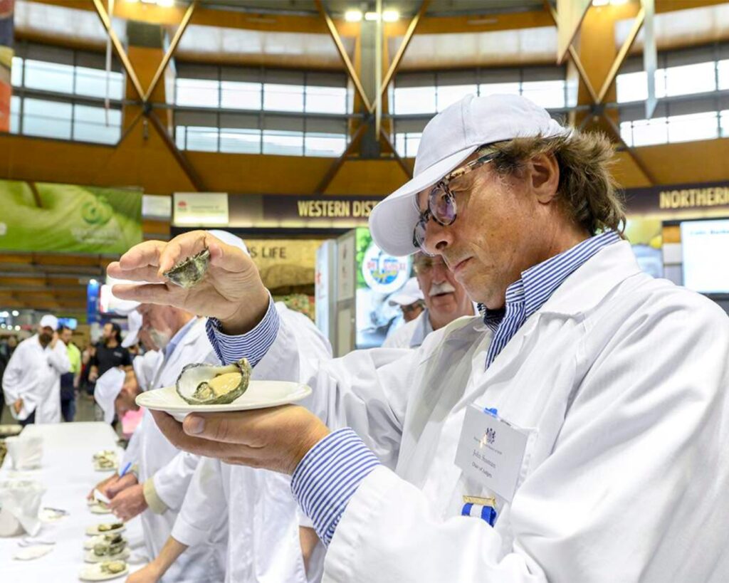 A man in a white coat inspects two opened oysters at the Sydney Royal Aquaculture Competition. He is looking at the shell and the meat before the flavour test.