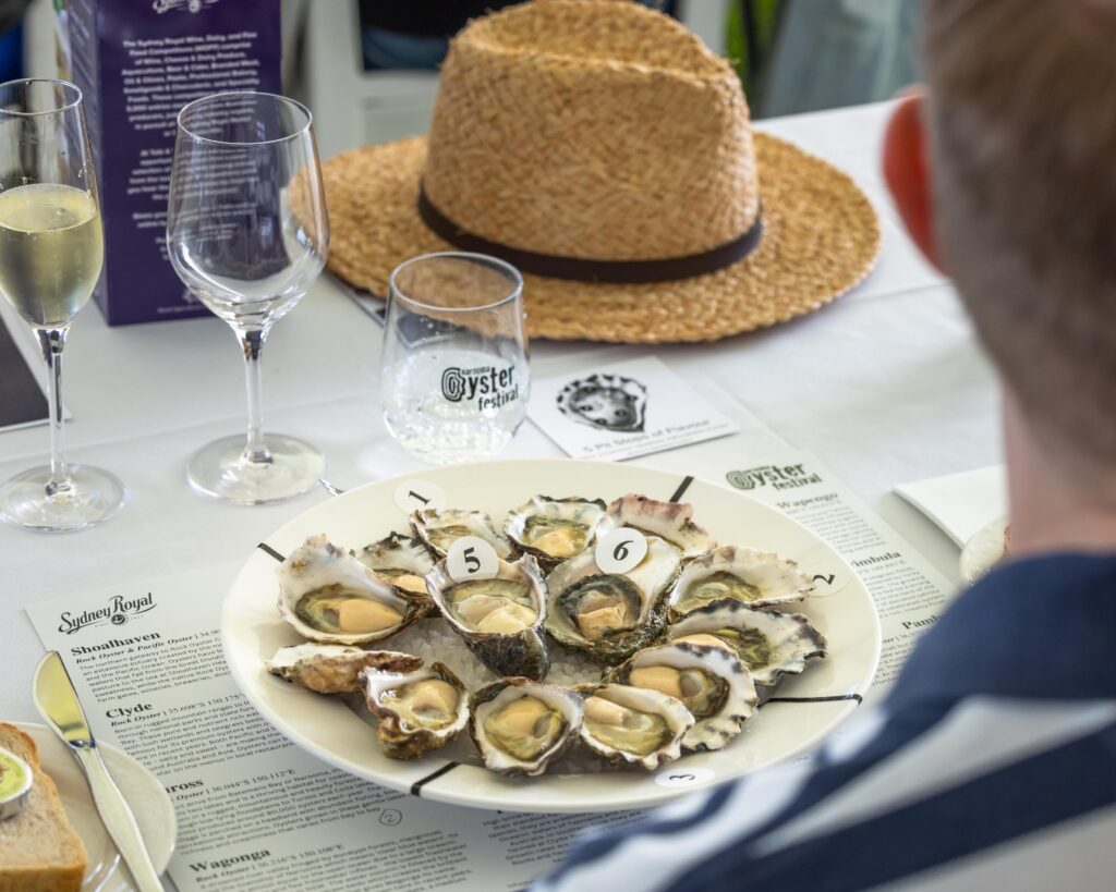 A plate of oysters sits on a placemat which outlines the estuaries and merroir. Oysters are divided into 4 sections, representing 4 estuaries.