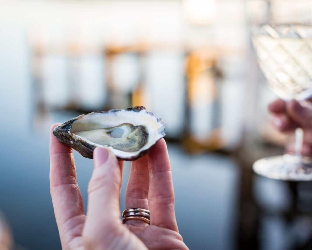 A caucasian hand with painted nails and engagement rings holds a freshly shucked rock oyster, there is a lglass of champagne in the background.